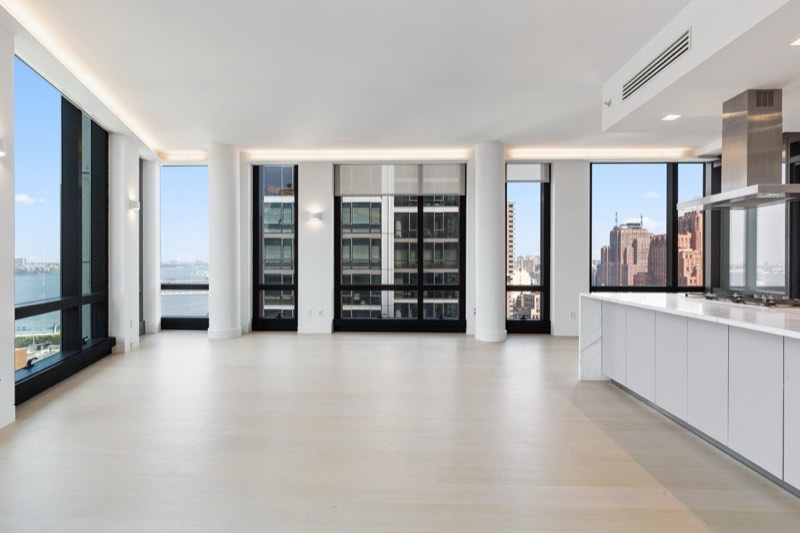 virtually staged great room empty, Hudson River windows at 101 Warren Street 2420