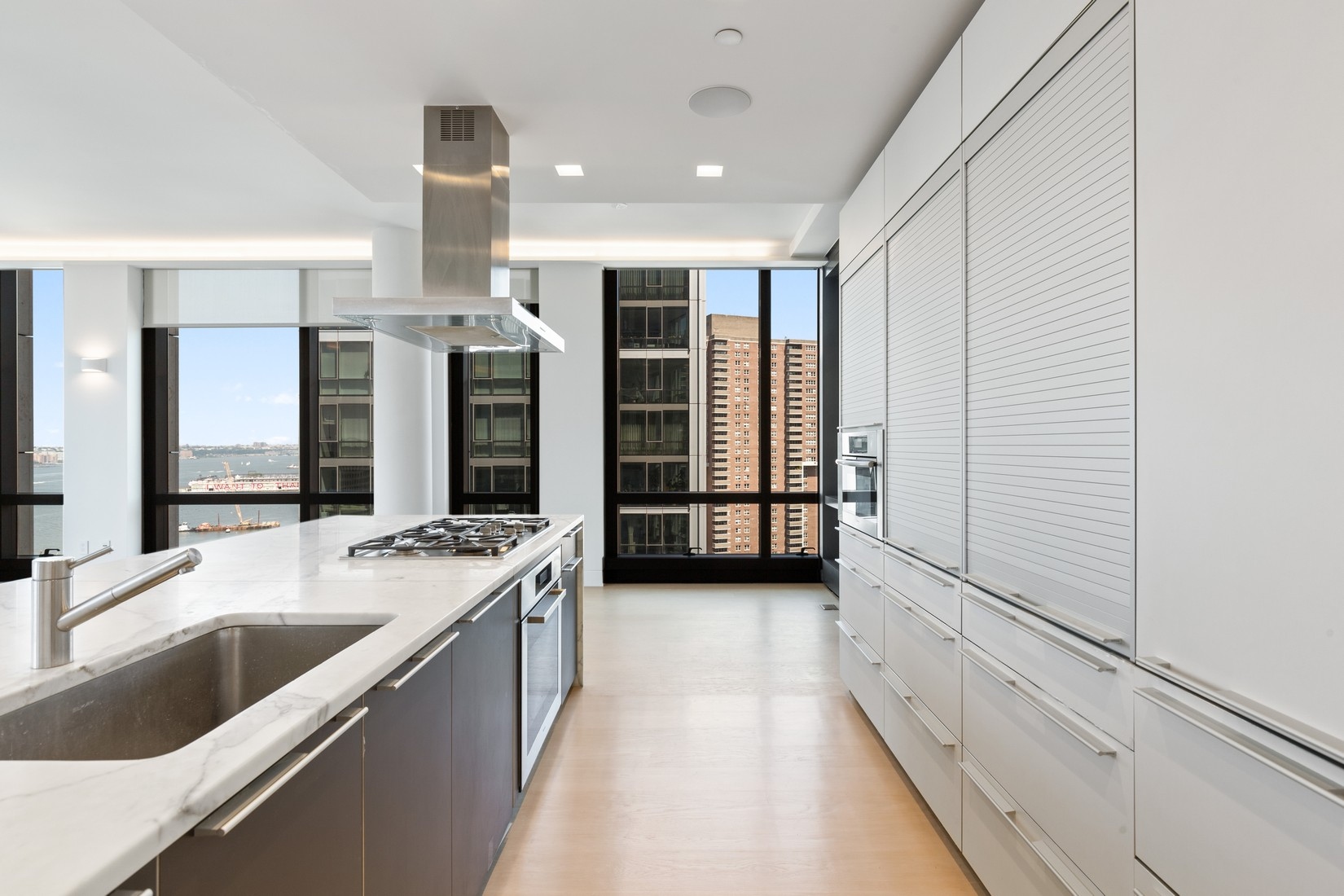 kitchen island, hood, river window