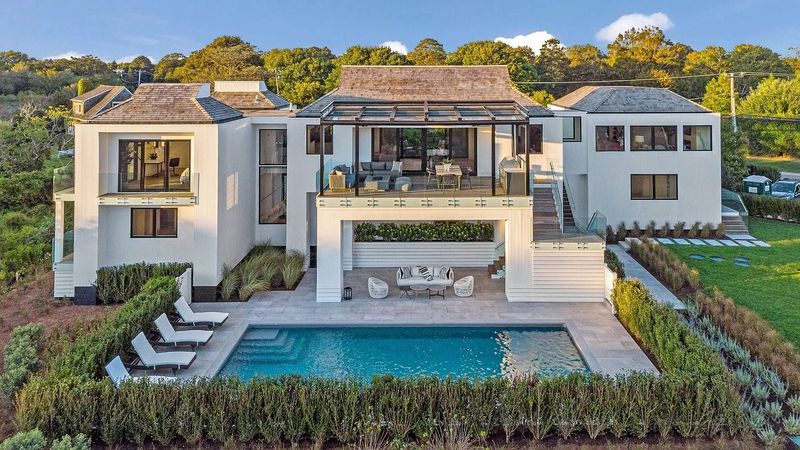 Aerial house pool lawn at 1076 Ocean Road, Bridgehampton — photo 2 of 11