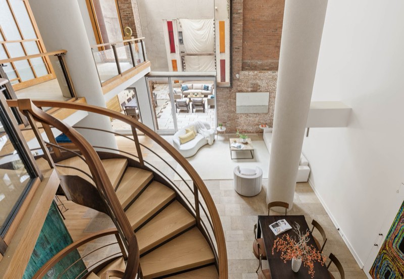 spiral stair and oxidized copper screen at 16 Jay Street, Unit 1