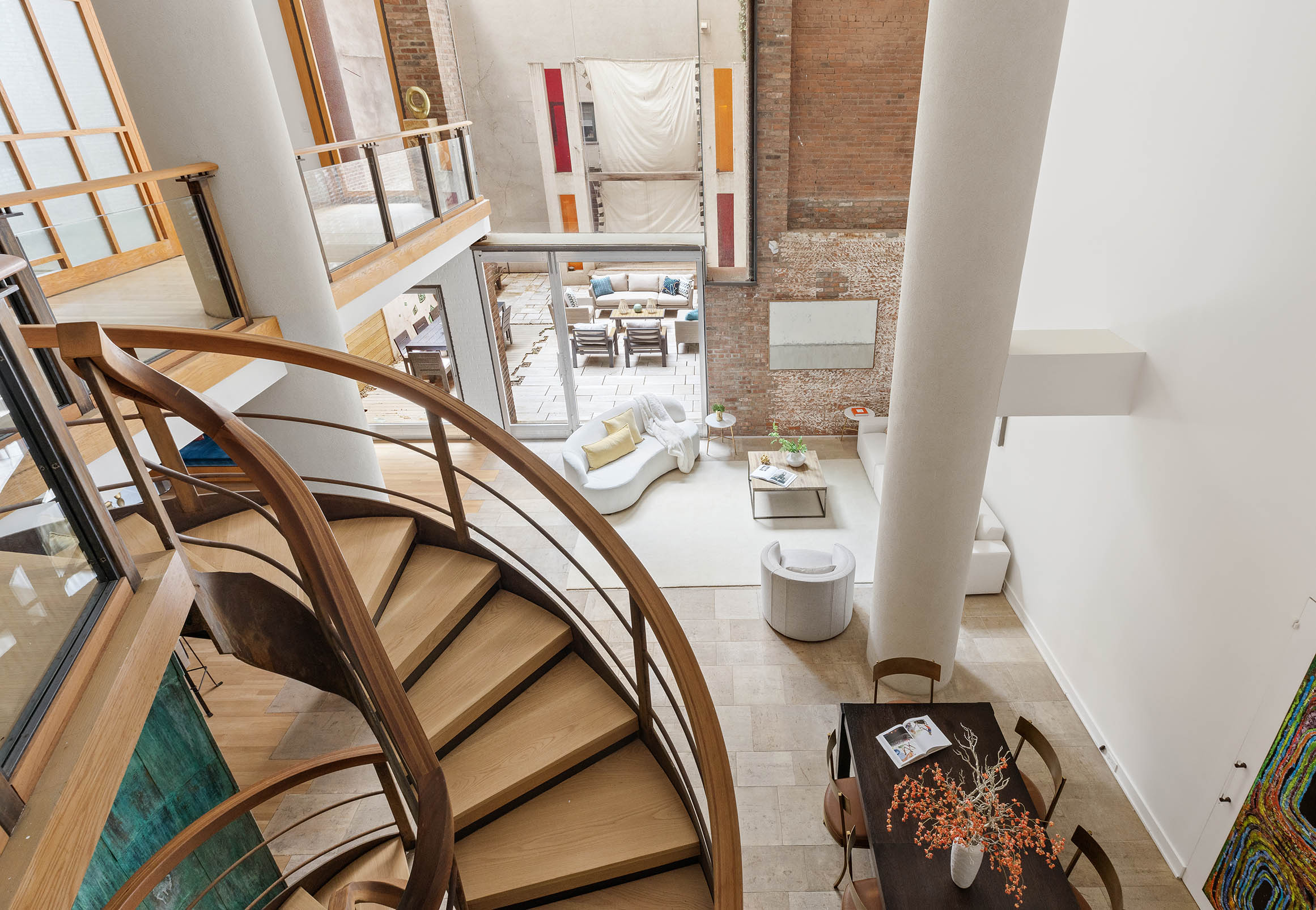 spiral stair and oxidized copper screen at 16 Jay Street, Unit 1
