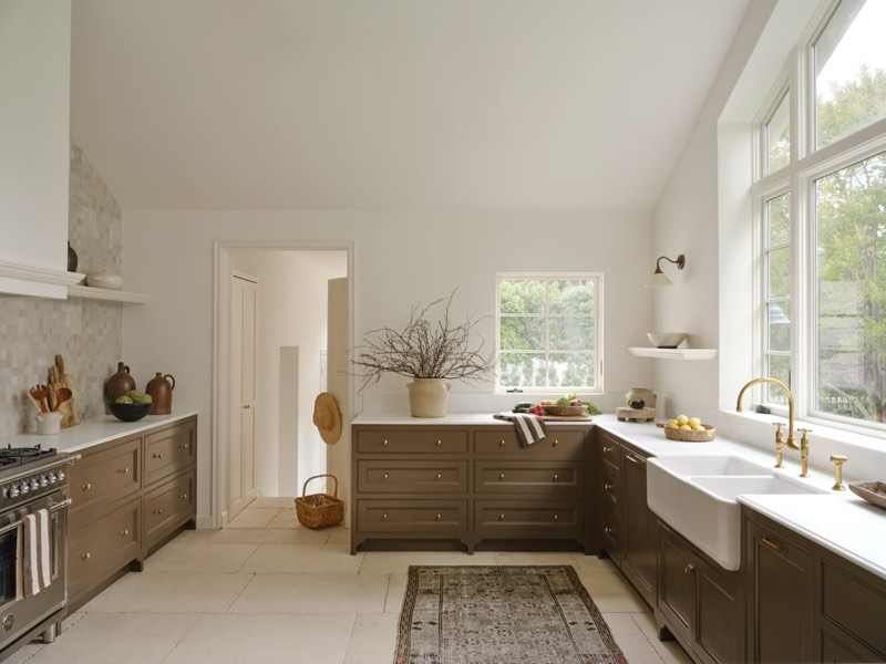 kitchen vaulted ceiling and farmhouse sinks