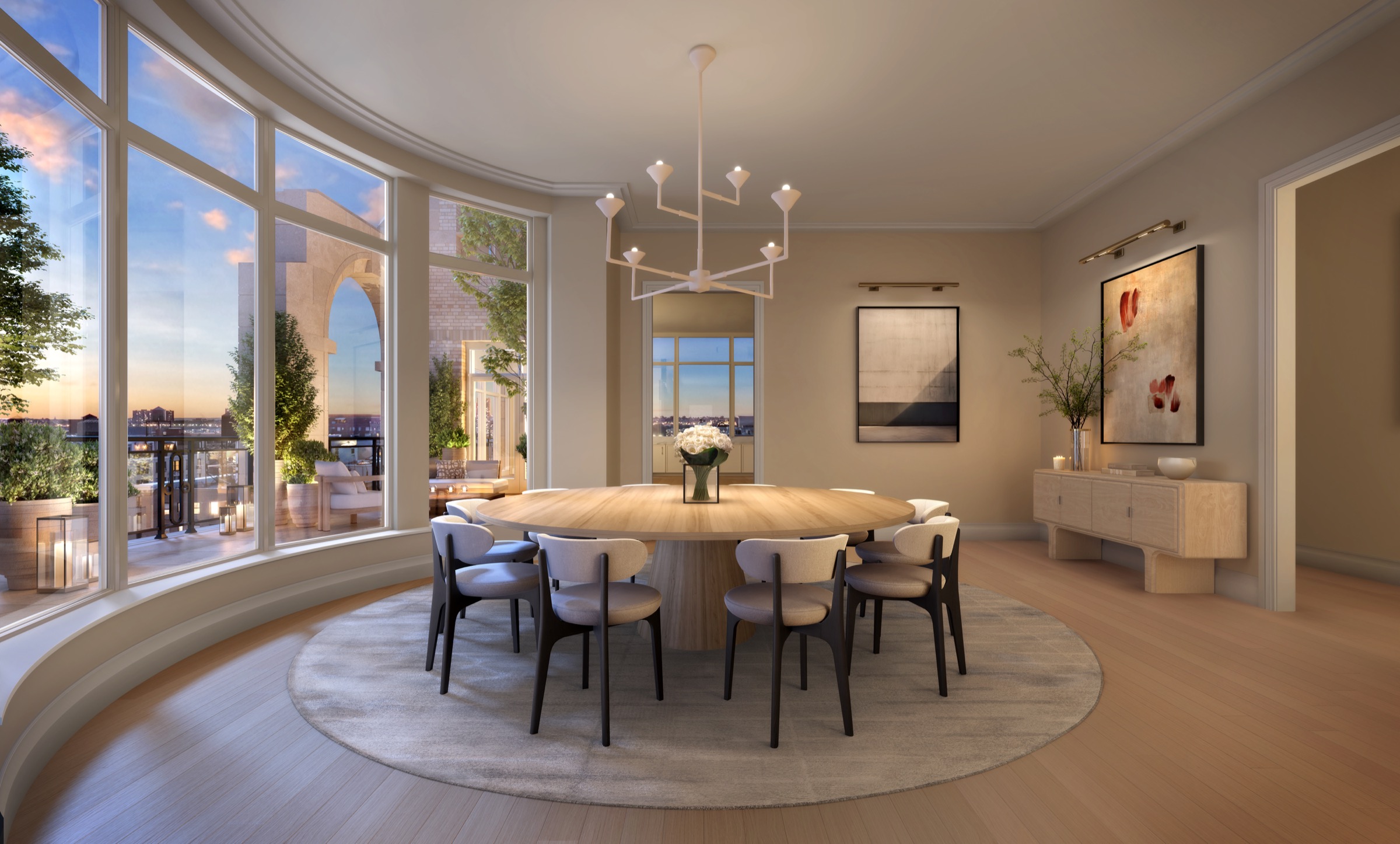 developer CGI of the dining room and curved bay at The Henry Penthouse A