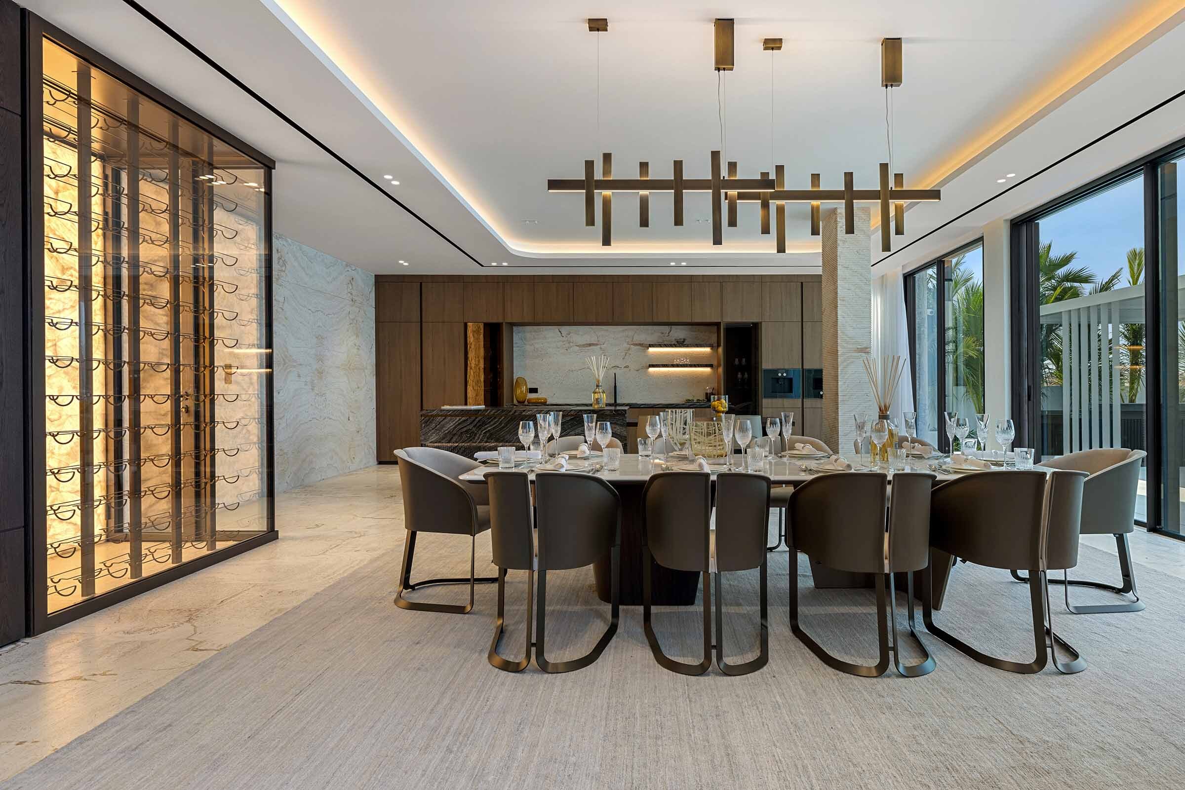 dining room and wine wall at the 25 Degrees Signature Villa