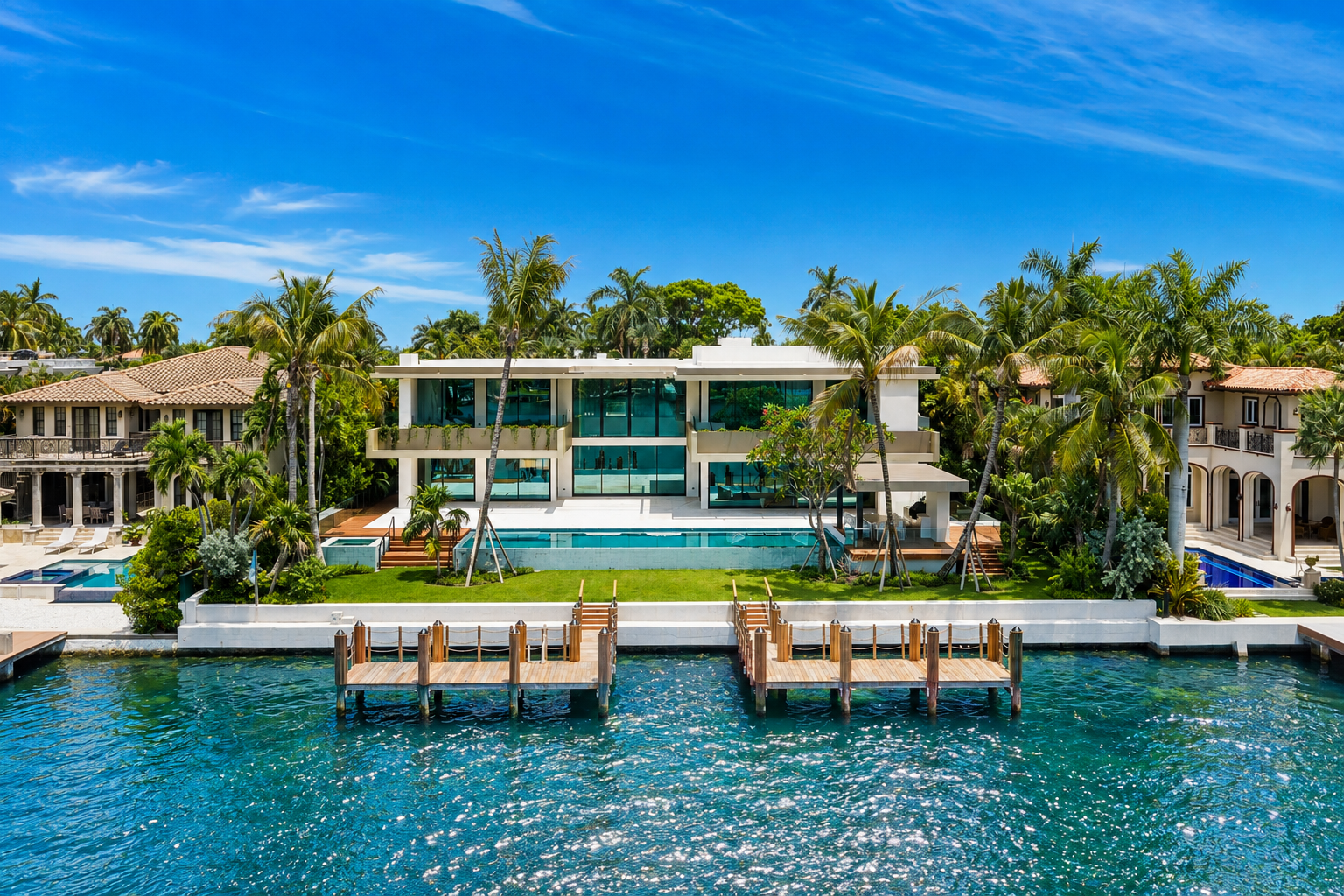 270 South Hibiscus Drive, waterfront, pool, and two docks