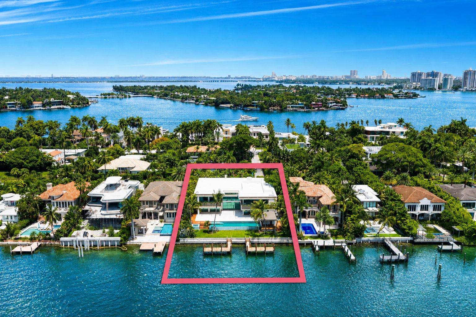 Aerial of 270 South Hibiscus Drive with two docks
