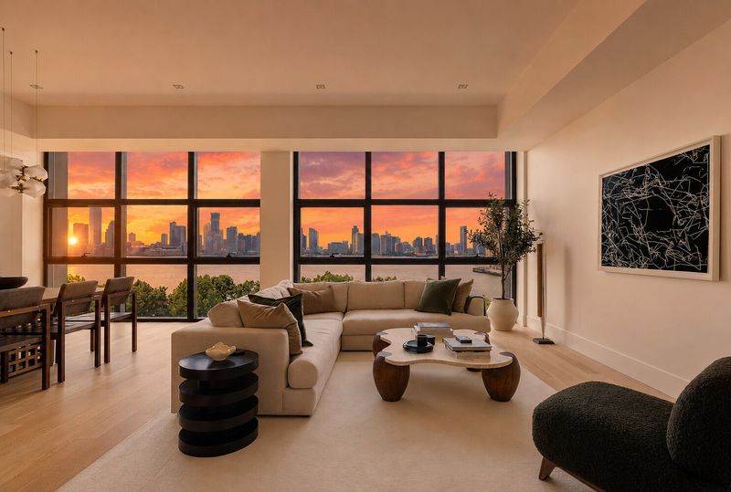 Great room at sunset, with seating and dining under the nearly 11-foot ceilings at 290 West Street 5B, Tribeca — photo 2 of 12