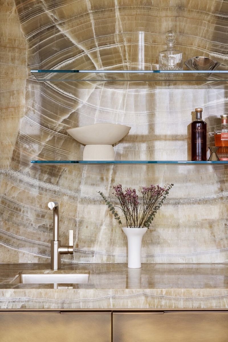 Detail of the onyx bar backsplash and glass shelving at 290 West Street 5B, Tribeca — photo 11 of 12