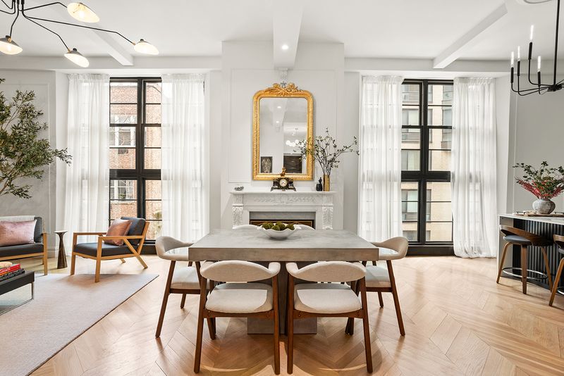 Great room, beamed ceilings, Plaza mantel at The Atelier, 33 West 67th Street 4M, Upper West Side