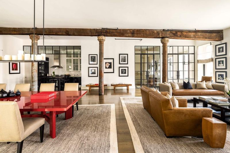 The great room and dining area, with the steel-framed glass partitions at 42 Wooster Street #3, SoHo — photo 4 of 13
