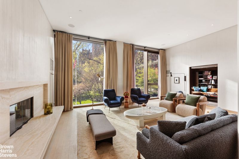 Great room with park windows and fireplace at 50 Gramercy Park North 3B, Gramercy Park