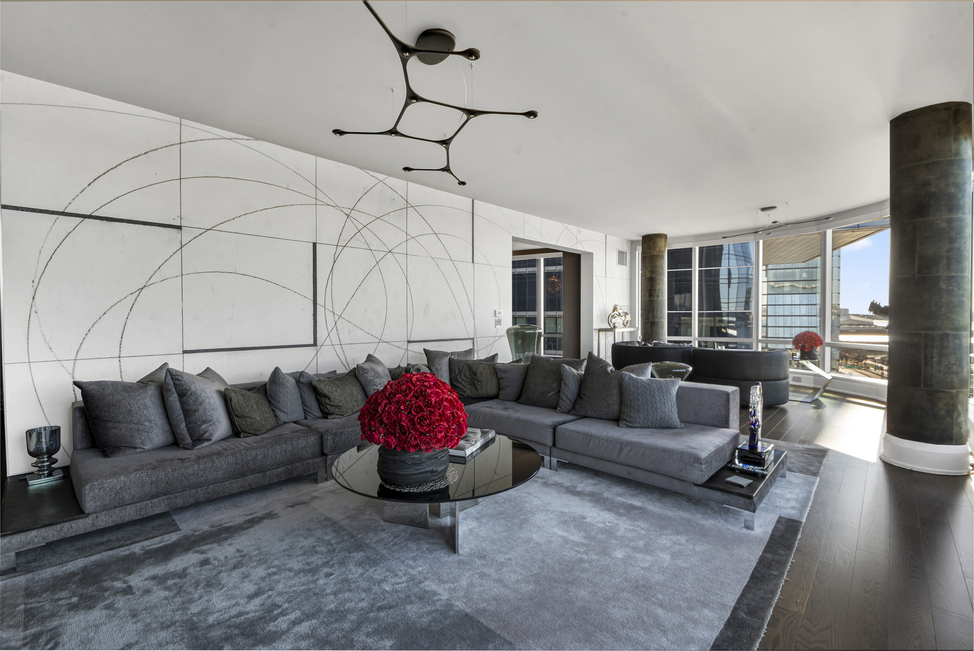 living room with graphic wall at 50 Riverside Boulevard 10L