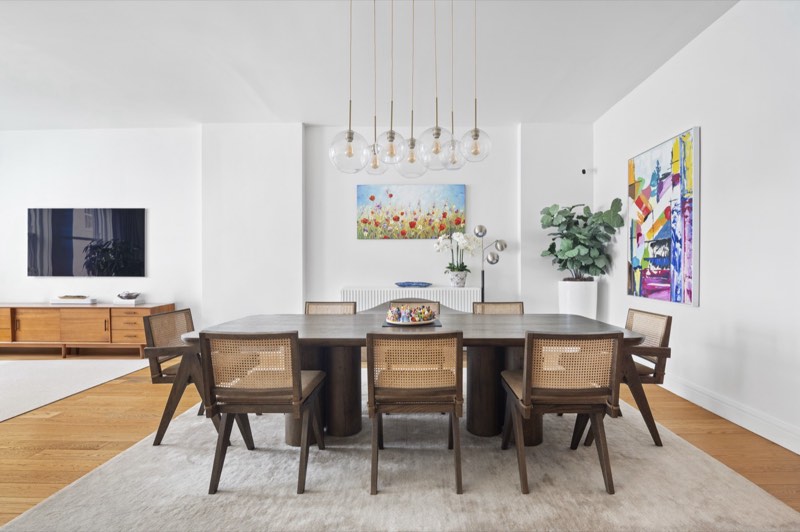 dining table, globe pendants