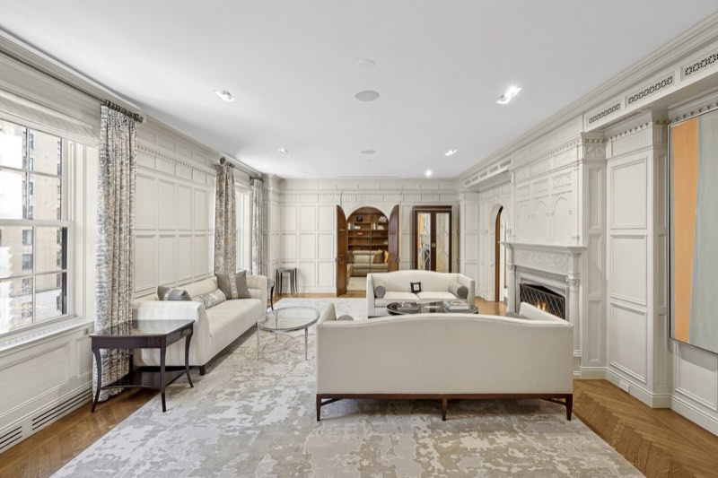 living room with fireplace and Park Avenue windows