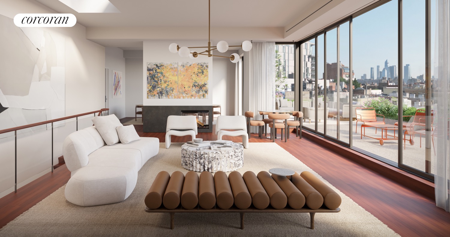 developer CGI of the living room, wrap terrace, and skyline at 83 Thompson Street PH