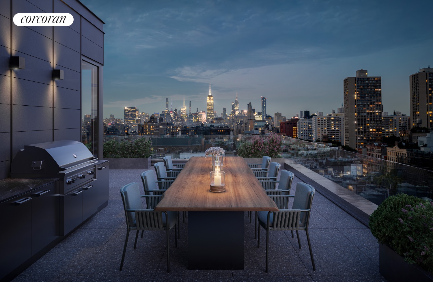 developer CGI of terrace dining at dusk at 83 Thompson Street PH